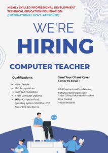 Shikohabad Jobs: Required Computer Teacher for Institute 3 Firozabad Jobs, Teaching Jobs Qualifications: