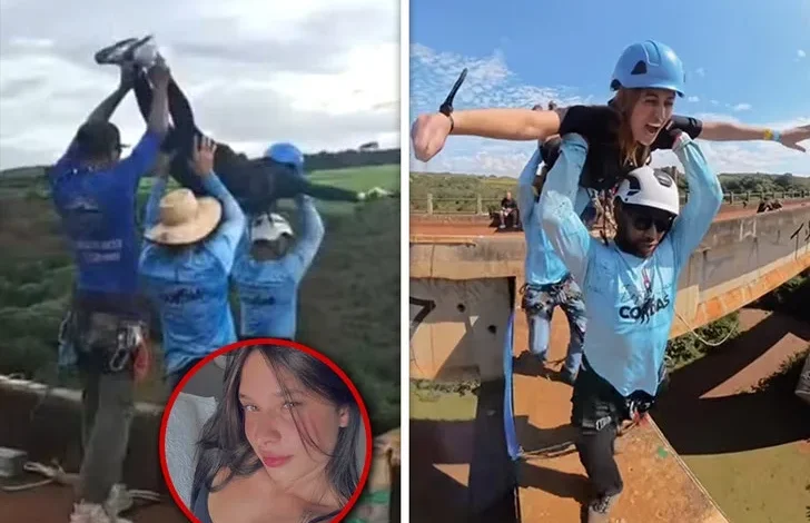 कैमरे के लेंस से Young woman thrown down without a rope attached during bungee jumping.