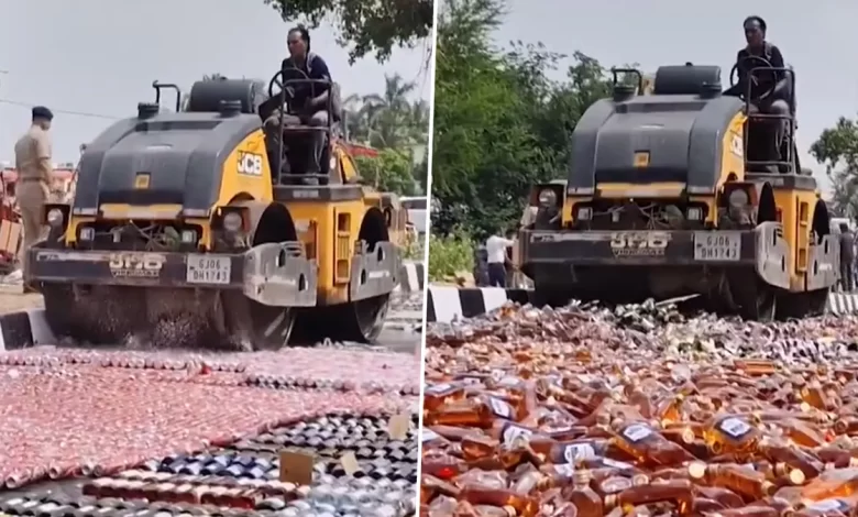 कैमरे के लेंस से Road roller runs over illegal liquor worth Rs 4 crore